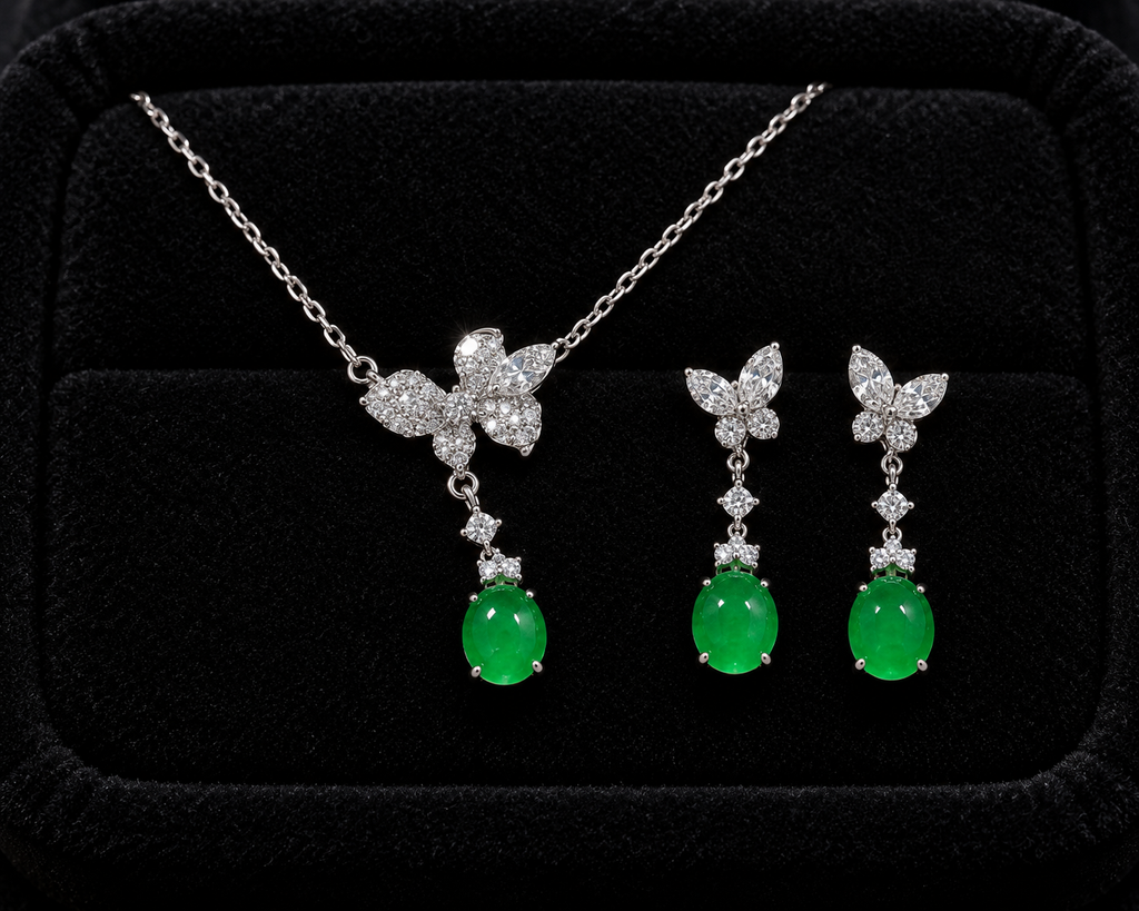 S925 Natural A-Grade Jadeite Butterfly Jewelry Set